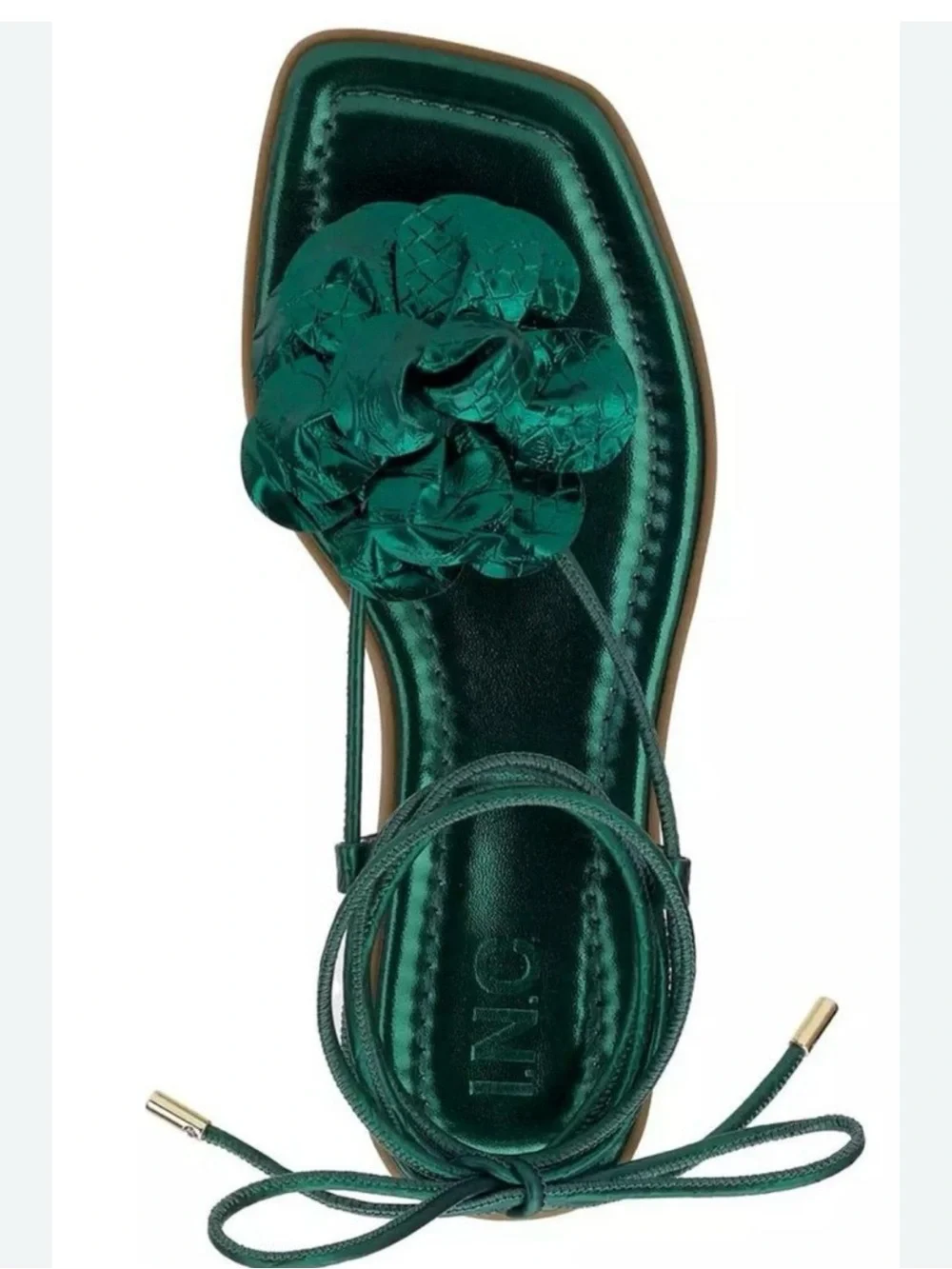 I.N.C. Gilma Flower Flat Metallic Green Viking Gladiator Goddess Sandals Size 6
